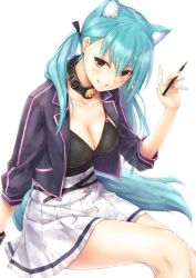 Rule 34 | 1girl, animal ear fluff, animal ears, aoba (azur lane), aqua hair, arm at side, azur lane, blush, breasts, brown eyes, buckle, cat ears, cleavage, collar, collarbone, fingernails, grin, holding, holding pen, invisible chair, jacket, jewelry, large breasts, long fingernails, long hair, looking at viewer, low twintails, open clothes, open jacket, pen, pleated skirt, purple jacket, ring, shirt, simple background, sitting, skirt, sleeves past elbows, smile, solo, suien, teeth, thighs, tsurime, twintails, v-shaped eyebrows, very long hair, white background, white shirt