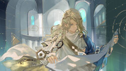 Rule 34 | 1boy, 6 (reverse:1999), ancient greek clothes, arch, blonde hair, blue background, blue eyes, circle, circlet, emphasis lines, greco-roman clothes, hands up, highres, himation, holding, holding scroll, long hair, looking at object, looking down, male focus, railing, reading, reverse:1999, scroll, solo, tang qi zang, triangle, upper body