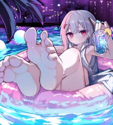 1girl absurdres afloat barefoot character_request city city_lights copyright_request cup drink drinking_glass drinking_straw feet foot_focus hair_ornament highres holding holding_cup holding_drink innertube kimhiro looking_at_viewer night night_sky on_innertube outdoors partially_submerged pink_innertube pool red_eyes shirt sky soles solo spread_toes swim_ring toe_scrunch toenails toes triangle_hair_ornament wet white_hair white_shirt