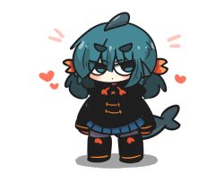 Rule 34 | 1girl, black footwear, black hoodie, blue eyes, blue hair, blue skirt, blush, boots, chibi, closed mouth, commentary request, fins, fish tail, fuka-chan, full body, grey pantyhose, hair between eyes, heart, highres, hood, hood down, hoodie, looking to the side, low twintails, notice lines, original, pantyhose, pleated skirt, shadow, shark tail, short eyebrows, simple background, skirt, solo, standing, tail, thick eyebrows, twintails, uni souchou, white background