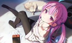 Rule 34 | 1girl, ahoge, arm support, black pantyhose, blue hair, blue nails, blush, cat, closed mouth, colored inner hair, from above, hair tie, highres, hololive, knee up, long hair, long sleeves, looking at viewer, minato aqua, multicolored hair, nail polish, neko (minato aqua), nintendo switch, no shoes, off shoulder, on bed, one side up, pantyhose, pink eyes, pink hair, sitting, smile, solo, stuffed animal, stuffed cat, stuffed toy, summer tail720, sweater, very long hair, virtual youtuber, white sweater