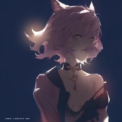 Rule 34 | 1girl, animal ears, backlighting, bare shoulders, breasts, cat ears, collar, collarbone, copyright name, covered mouth, facial mark, final fantasy, final fantasy xiv, floating hair, hair over mouth, highres, juliet sleeves, key, long sleeves, looking at viewer, miqo&#039;te, off shoulder, open clothes, pink eyes, pink hair, puffy sleeves, see-through silhouette, short hair, sideways glance, small breasts, sola7764, solo, strap slip, unbuttoned, upper body, warrior of light (ff14)