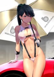 Rule 34 | 1girl, alternate breast size, arm support, bare shoulders, black hair, blue eyes, blush, bow, breasts, car, cleavage, cleavage cutout, closed mouth, clothing cutout, collarbone, commentary request, covered erect nipples, cowboy shot, gloves, green bow, hair bow, hair ribbon, high ponytail, highres, holding, holding umbrella, houshou (kancolle), kantai collection, large breasts, linea alba, long hair, looking at viewer, motor vehicle, navel, on vehicle, one-piece swimsuit, ponytail, race queen, revealing clothes, ribbon, shaded face, sitting, slingshot swimsuit, smile, solo, suggestive fluid, sweat, swimsuit, thighs, umbrella, underboob, very long hair, wa (genryusui), wet, white gloves, white one-piece swimsuit, white slingshot swimsuit