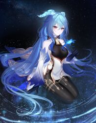 Rule 34 | 1girl, 707arisu, bare shoulders, bell, black gloves, blue hair, blurry, breasts, cowbell, depth of field, detached sleeves, flower, full body, ganyu (genshin impact), genshin impact, glaze lily, gloves, goat horns, gradient background, gradient eyes, highres, holding, holding flower, horns, kneeling, long hair, looking at viewer, medium breasts, multicolored eyes, partially submerged, sidelocks, sleeves past wrists, smile, solo, very long hair, water
