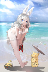 Rule 34 | &gt; &lt;, + +, 1girl, absurdres, alternate breast size, animal ears, azur lane, beach, bent over, blue eyes, braid, breasts, cleavage, crotchless, crotchless pantyhose, fake animal ears, full body, grey hair, highres, holding, holding clothes, holding footwear, le malin (azur lane), le malin (listless lapin) (azur lane), leaning forward, leotard, long hair, low twin braids, magician (huan xian), manjuu (azur lane), medium breasts, official alternate costume, pantyhose, playboy bunny, rabbit ears, rabbit tail, red footwear, shoes, unworn shoes, solo, tail, tray, twin braids, very long hair, water, white leotard