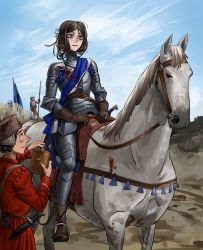 Rule 34 | 1boy, 1girl, 2others, absurdres, armor, black hair, blood, blood on clothes, blue eyes, borrowed character, canteen, commentary, day, english commentary, full body, hat, highres, horse, horseback riding, knight, medium hair, multiple others, original, outdoors, plate armor, red tunic, remora25, riding, saddle, white horse
