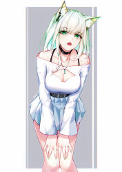 Rule 34 | 1girl, absurdres, animal ear fluff, animal ears, arknights, artist name, bare shoulders, belt, black belt, black choker, breasts, choker, cleavage, cleavage cutout, clothing cutout, commentary, feet out of frame, green eyes, grey skirt, highres, kal&#039;tsit (arknights), leria v, long sleeves, material growth, medium breasts, miniskirt, off-shoulder shirt, off shoulder, open mouth, oripathy lesion (arknights), pleated skirt, shirt, short hair, signature, silver hair, skirt, solo, standing, white shirt
