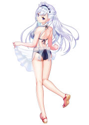 Rule 34 | 1girl, absurdres, alternate costume, ass, azur lane, belfast (azur lane), bikini, blue bikini, blue eyes, blush, braid, breasts, closed mouth, clothes lift, dress, dress lift, french braid, from behind, hands up, highres, kim nico, large breasts, leg up, long hair, looking at viewer, looking back, maid headdress, sandals, see-through, shoulder blades, silver hair, simple background, smile, solo, standing, standing on one leg, swimsuit, white background