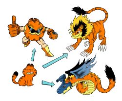 Rule 34 | arrow (symbol), cat, commentary, digimon, digimon (creature), dragon, english commentary, evolutionary line, garfield, garfield (character), highres, lion, mecha, no humans, parody, robot, sam o, simple background, white background