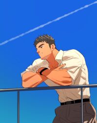 Rule 34 | 1boy, airplane trail, bara, blue sky, collared shirt, facial hair, feet out of frame, from below, head tilt, highres, long sideburns, looking ahead, male focus, original, shirt, shirt tucked in, short hair, sideburns, sky, solo, stubble, thick eyebrows, youchi123