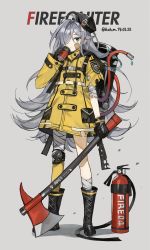 Rule 34 | 1girl, absurdres, axe, backpack, bag, bandaged arm, bandaged leg, bandages, bandaid, bandaid on face, black footwear, black gloves, black hat, boots, can, closed mouth, coat, drink, fire axe, fire extinguisher, firefighter, full body, gloves, gompang, grey background, hair over one eye, hat, highres, holding, holding axe, hose, knee pads, long hair, long sleeves, messy hair, original, pocket, silver hair, solo, standing, torn clothes, torn sleeve, twitter username, water, weapon, yellow coat
