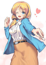 Rule 34 | 1girl, belt, blonde hair, blue eyes, chalk, coat, ellen baker, heart, long hair, long sleeves, looking at viewer, nagase haruhito, new horizon, one eye closed, open clothes, open coat, open mouth, scrunchie, shirt, skirt, smile, solo