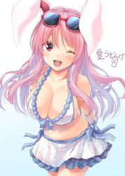 Rule 34 | 1girl, ;d, animal ears, arms behind back, artist name, bad id, bad pixiv id, bare shoulders, bikini, bikini skirt, blue background, blush, breasts, cleavage, collarbone, commentary request, cowboy shot, eyewear on head, gradient background, highres, hisae (hisae collect), large breasts, long hair, looking at viewer, miniskirt, navel, one eye closed, open mouth, polka dot, polka dot skirt, purple hair, rabbit ears, red eyes, reisen udongein inaba, skirt, smile, solo, standing, stomach, sunglasses, sunglasses on head, swimsuit, touhou, translated, twitter username, white background, white bikini, white skirt