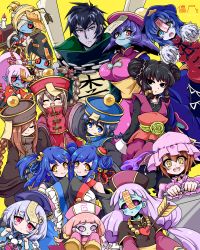 Rule 34 | 4boys, 6+girls, :3, :d, ajirogasa, arrow (projectile), arrow in head, arrow through heart, azuma rin, backpack, bag, bead necklace, beads, bell, black hair, black sclera, black shirt, black skirt, blonde hair, blue eyes, blue hair, blue skin, blue vest, blush, blush stickers, bongun, bow, braid, braided ponytail, breasts, brown hair, brown shirt, brown vest, cabbie hat, candle, chain, chinese clothes, chun (hoozuki no reitetsu), cleavage, cleavage cutout, closed eyes, closed mouth, clothing cutout, coin hair ornament, colored sclera, colored skin, commentary request, cowboy shot, crossover, double bun, evil heart, fingernails, fire, fire, flower, genshin impact, hair bell, hair between eyes, hair bow, hair bun, hair ornament, hair over one eye, hakama, hakama short skirt, hakama skirt, hat, hat ornament, hat ribbon, heart, highres, hoozuki no reitetsu, hyegun, japanese clothes, jashin-chan dropkick, jewelry, jiangshi, jingle bell, kimono, kyon-kyon (jashin-chan dropkick), kyunshii (youkai watch), lace-trimmed sleeves, lace trim, large breasts, lee bailong, lei lei, long hair, long sleeves, looking at viewer, looking down, medium breasts, medium hair, miyako yoshika, mob cap, multiple boys, multiple girls, munak, necklace, neko yume, object through head, ofuda, older jumping brother, onmyoji, open mouth, orange eyes, outstretched arms, pale skin, pants, pink eyes, pink hair, pink headwear, ponytail, purple hair, purple headwear, purple ribbon, qingdai guanmao, qiqi (genshin impact), ragnarok online, ran-ran, red bow, red eyes, red kimono, red pants, red shirt, red vest, ribbon, sash, shaman king, shirt, short hair, short sleeves, sidelocks, skirt, sleeveless, sleeveless shirt, sleeves past wrists, smile, star (symbol), star hat ornament, sword, tangzhuang, tassel, tate eboshi, touhou, trait connection, twintails, upper body, vampire (game), vest, weapon, white hair, white kimono, yellow background, yellow eyes, yellow flower, yellow sash, youkai watch, younger jumping brother, younger jumping sister, yozakura quartet, zombie, zombie pose, zukkyunshii, |d
