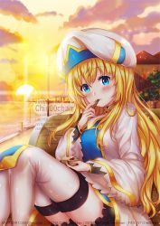 Rule 34 | 1girl, blonde hair, blue eyes, boots, cherry, chie00chan, food, fruit, goblin slayer!, ice cream, long hair, priestess (goblin slayer!), sunset, thigh boots, thighhighs