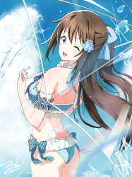Rule 34 | 1girl, :d, armband, ass, back, bead bracelet, beads, bikini, blue bikini, blue eyes, blue sky, bracelet, breasts, brown hair, cloud, commentary request, day, flower, frilled bikini, frills, from behind, hair flower, hair ornament, hair ribbon, highres, holding, holding umbrella, jewelry, long hair, looking at viewer, looking to the side, love live!, love live! nijigasaki high school idol club, love live! school idol project, medium breasts, nail polish, one eye closed, open mouth, osaka shizuku, outdoors, ribbon, sidelocks, sky, smile, solo, standing, swimsuit, teeth, transparent, transparent umbrella, umbrella, upper teeth only, water, yuni (dpfn4557)
