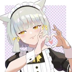 Rule 34 | 1girl, alternate costume, animal ear fluff, animal ears, apron, black dress, blush, closed mouth, collared dress, commentary request, dress, enmaided, facial mark, fang, fang out, frilled apron, frills, grey hair, hair ribbon, hands up, heart, heart hands, hehe jun, highres, leaning to the side, looking to the side, maid, maid apron, maid headdress, nia (xenoblade), puffy short sleeves, puffy sleeves, ribbon, short hair, short sleeves, solo, sweat, upper body, white apron, wrist cuffs, xenoblade chronicles (series), xenoblade chronicles 2, yellow eyes, yellow ribbon