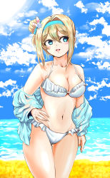 Rule 34 | 1girl, bare shoulders, blonde hair, blue eyes, blue sky, blush, breasts, cleavage, collarbone, feet out of frame, girls&#039; frontline, hair ornament, hairband, hand on own hip, highres, kepra iii, long hair, looking away, looking up, medium breasts, navel, ocean, one-piece swimsuit, open mouth, sky, snowflake hair ornament, solo, standing, suomi (girls&#039; frontline), suomi (midsummer pixie) (girls&#039; frontline), swimsuit, water, white one-piece swimsuit