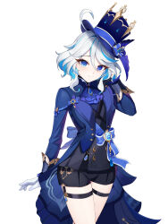Rule 34 | 1girl, absurdres, ascot, asymmetrical gloves, black gloves, black shorts, blue ascot, blue brooch, blue eyes, blue gemstone, blue hair, blue jacket, closed mouth, drop-shaped pupils, furina (genshin impact), gem, genshin impact, gloves, hair between eyes, half gloves, hat, heterochromia, highres, jacket, kodona, light blue hair, liwen520, lolita fashion, long sleeves, looking at viewer, mismatched gloves, mismatched pupils, multicolored hair, short shorts, shorts, smile, solo, symbol-shaped pupils, top hat, white background, white gloves, white hair