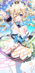 Rule 34 | 1girl, absurdres, arm up, barbara (genshin impact), blonde hair, blue eyes, blue nails, book holster, breasts, cleavage, commentary request, cross, detached collar, dress, drill hair, feet out of frame, frilled skirt, frills, genshin impact, hand up, highres, kiramarukou, latin cross, long hair, long sleeves, looking at viewer, medium breasts, musical note, nail polish, one eye closed, pantyhose, skirt, smile, solo, sparkle, star (symbol), twin drills, twintails, water, white dress, white headwear, white pantyhose
