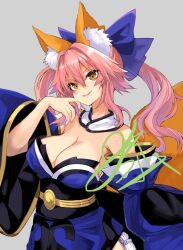 Rule 34 | 1girl, animal ear fluff, animal ears, blue kimono, breasts, cleavage, detached sleeves, fate/extra, fate (series), fox ears, fox girl, fox tail, japanese clothes, kimono, large breasts, long sleeves, pink hair, smile, solo, tail, tamamo (fate), wide sleeves, wisespeak, yellow eyes