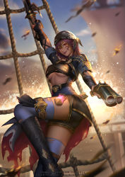 Rule 34 | 1girl, areeya, bandana, blue thighhighs, blurry, blurry background, breasts, commission, facial tattoo, final fantasy, final fantasy xiv, fingerless gloves, gloves, gun, hair between eyes, highres, holding, holding gun, holding sword, holding weapon, hyur, large breasts, looking at viewer, pirate, purple hair, red eyes, rigging, sarashi, short hair, shorts, smile, solo, sword, tattoo, thighhighs, torn clothes, underboob, warrior of light (ff14), watermark, weapon, web address