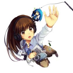 Rule 34 | 1girl, aqua hair, bison cangshu, blush, brown eyes, brown hair, camera, character doll, computer router, doll, drooling, hand fan, hatsune miku, headphones, highres, long hair, mouse (computer), necktie, open mouth, original, outstretched hand, pen, reaching, skirt, solo, spring onion, transparent, transparent background, twintails, usb, vocaloid