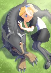 Rule 34 | 1boy, 1girl, alice mccoy, claws, digimon, digimon (creature), digimon tamers, dobermon, dog, grass, highres, long hair, lying, red eyes, spikes, twintails