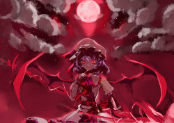Rule 34 | 1girl, absurdres, ascot, bat wings, blaze (blazeillust), brooch, cloud, fangs, female focus, finger to mouth, full moon, hat, hat ribbon, highres, jewelry, light purple hair, looking at viewer, moon, night, red eyes, red moon, remilia scarlet, ribbon, short hair, skirt, skirt set, smile, solo, spear the gungnir, touhou, upper body, wings