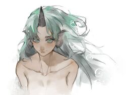 Rule 34 | 1girl, bare shoulders, breasts, closed mouth, cropped torso, eyelashes, green hair, heinrich (fernanderuddle), highres, horns, komano aunn, light smile, long hair, looking at viewer, medium breasts, simple background, single horn, solo, topless, touhou, upper body, very long hair, white background, wind