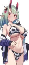 Rule 34 | 1girl, animal print, bikini, breasts, character request, cleavage, cow print, demon girl, green hair, highres, large breasts, legs, low ponytail, medium hair, navel, open mouth, red eyes, solo, swimsuit, thighs, ushimochi