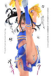Rule 34 | 1girl, anal, anal object insertion, bare shoulders, black hair, blue socks, breasts, censored, cheerleader, dildo, grey eyes, hair ornament, hairclip, highres, holding, kneepits, looking at viewer, medium breasts, mosaic censoring, multiple views, murakami suigun, object insertion, open mouth, original, panties, pleated skirt, pom pom (cheerleading), sex toy, side ponytail, skirt, sleeveless, smile, socks, split, standing, standing on one leg, standing split, sweat, underwear, vaginal, vaginal object insertion, vibrator, vibrator under clothes, vibrator under panties