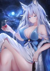 Rule 34 | 1girl, animal ear fluff, animal ears, azur lane, blue dress, blue eyes, bottle, breasts, cleavage, cleavage cutout, clothing cutout, covered erect nipples, cupping glass, dress, evening gown, feather boa, fox ears, full moon, halter dress, halterneck, highres, huge breasts, kitsune, long dress, long hair, looking at viewer, moon, nagi aoi, red wine, shinano (azur lane), shinano (dreams of the hazy moon) (azur lane), silver hair, sleeveless, sleeveless dress, very long hair, wine, wine bottle