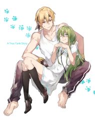Rule 34 | 1boy, 1girl, arm support, barefoot, black socks, blonde hair, blush, blush stickers, bolo tie, bracelet, closed mouth, dress, earrings, enkidu (fate), fate/stay night, fate/strange fake, fate (series), gilgamesh (fate), green eyes, green hair, hair between eyes, headband, jewelry, kneehighs, loafers, long hair, own hands together, pants, paw print, purple pants, reclining, red eyes, sailor collar, sensha otoko, shoes, short hair, sitting, smile, socks, sweatdrop, tank top, track pants, waltz (tram), white background, white dress, white tank top
