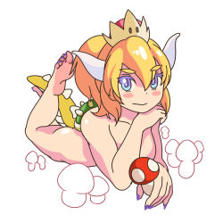 Rule 34 | 1girl, bad id, bad pixiv id, barefoot, blonde hair, blue eyes, blush stickers, bowsette, collarbone, feet, highres, horns, jewelry, long hair, lying, mario (series), nail polish, new super mario bros. u deluxe, nintendo, nude, on stomach, ponytail, poronpuu, simple background, smile, soles, spiked shell, spiked tail, spikes, super crown, super mushroom, tail, the pose, toenail polish, toenails, turtle shell, white background