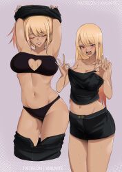 Rule 34 | 1girl, armpits, arms up, bandeau, bare arms, bare shoulders, black panties, black skirt, blonde hair, blush, breasts, cleavage, cleavage cutout, clothing cutout, commentary, cowboy shot, grey background, groin, heart cutout, highres, kitagawa marin, large breasts, long hair, midriff, miniskirt, multiple views, navel, open mouth, panties, pink eyes, simple background, skirt, sono bisque doll wa koi wo suru, standing, stomach, strapless, tan, thighs, tube top, underwear, very long hair, vialnite