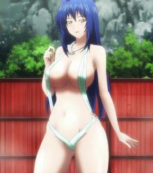 Rule 34 | 1girl, armpits, bare shoulders, bikini, blue hair, blush, breasts, brown eyes, bush, cleavage, collarbone, female focus, fence, fingernails, groin, hair between eyes, hair intakes, highres, jewelry, large breasts, long hair, looking at viewer, maken-ki!, navel, nijou aki, o-ring, o-ring bikini, o-ring bottom, open mouth, outdoors, pendant, rock, screencap, slingshot swimsuit, smile, solo, standing, steam, stitched, swimsuit, takami akio, thigh gap, thighs, third-party edit