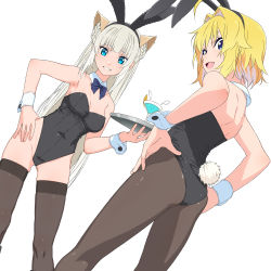 Rule 34 | 2girls, ahoge, animal ears, ass, atelier fraulein, back, bare shoulders, black leotard, blonde hair, blue eyes, blue neckwear, boko (maniacpurple), bow, bowtie, braid, breasts, cat ears, cleavage, cocktail, cocktail glass, cup, detached collar, detached wings, drinking glass, fake animal ears, fang, from behind, hair intakes, hairband, hand on own hip, hands on own hips, highres, holding, holding tray, leotard, long hair, looking at viewer, looking back, medium breasts, multiple girls, open mouth, pantyhose, playboy bunny, rabbit ears, rabbit tail, shidou lio, short hair, simple background, skindentation, smile, standing, strapless, strapless leotard, sweatdrop, tail, tetra (vtuber), thighhighs, tray, twin braids, virtual youtuber, white background, wings, wrist cuffs