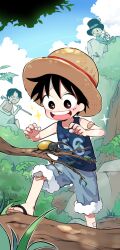 Rule 34 | 3boys, aged down, bandaid, bandaid on arm, black hair, blue sky, blush, brothers, child, commentary, excited, facial scar, forest, freckles, full body, grabbing, hat, highres, log, looking down, male focus, missing tooth, mob0322, monkey d. luffy, multiple boys, nature, one piece, portgas d. ace, rhinoceros beetle, sabo (one piece), sandals, scar, scar on cheek, scar on face, short hair, short sleeves, shorts, siblings, sky, smile, sparkling eyes, standing, straw hat, teeth, top hat, tree, upper teeth only