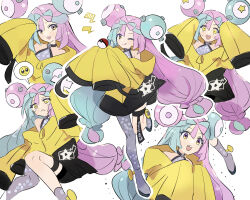 Rule 34 | 1girl, absurdres, bow-shaped hair, character hair ornament, commentary request, creatures (company), game freak, grey pantyhose, hair ornament, highres, iono (pokemon), jacket, long hair, low-tied long hair, multicolored hair, multiple views, namiharuru, nintendo, oversized clothes, pantyhose, pokemon, pokemon sv, sharp teeth, single leg pantyhose, sleeves past fingers, sleeves past wrists, split-color hair, teeth, very long sleeves, x, yellow jacket