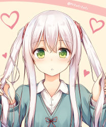 Rule 34 | 1girl, absurdres, blush, cardigan, collar, dress shirt, green eyes, heart, heart-shaped pupils, highres, holding, holding own hair, long hair, looking at viewer, open mouth, original, scrunchie, shirt, silver hair, solo, sweater, symbol-shaped pupils, tsuchikure, twintails