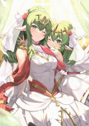 Rule 34 | 2girls, ;), bare shoulders, bridal veil, commentary request, dress, fire emblem, fire emblem: mystery of the emblem, fire emblem awakening, fire emblem heroes, flower, gloves, gold trim, green eyes, green hair, hair flower, hair ornament, highres, hug, long hair, looking at viewer, multiple girls, nakabayashi zun, nintendo, official alternate costume, one eye closed, pointy ears, ponytail, red flower, smile, tiara, tiki (adult) (bridal) (fire emblem), tiki (adult) (fire emblem), tiki (fire emblem), tiki (young) (bridal) (fire emblem), tiki (young) (fire emblem), veil, wedding dress, white dress, white gloves