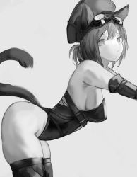 Rule 34 | 1girl, absurdres, animal ears, arknights, armpits, bare shoulders, bent over, breasts, cat ears, cat girl, cat tail, closed mouth, commentary, elbow gloves, english commentary, gloves, gnai, goggles, goggles on head, grey background, greyscale, hat, highres, large breasts, leotard, looking at viewer, looking to the side, monochrome, rockrock (arknights), short hair, sideboob, simple background, skindentation, solo, strapless, strapless leotard, tail, thighhighs