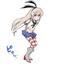 Rule 34 | 1girl, animal ears, blonde hair, boots, commentary request, elbow gloves, fake animal ears, full body, gloves, green eyes, hairband, high heels, inoue kousei, kantai collection, legs together, long hair, looking at viewer, navel, neckerchief, open mouth, pleated skirt, rabbit ears, school uniform, serafuku, shimakaze (kancolle), shirt, sidelocks, skirt, sleeveless, sleeveless shirt, solo, standing, striped clothes, striped thighhighs, thighhighs, translation request, white background