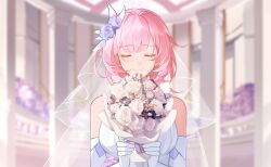 Rule 34 | 1girl, absurdres, alternate costume, bare shoulders, blunt bangs, blurry, blurry background, bouquet, breasts, bridal veil, chinese commentary, closed eyes, commentary request, dress, elbow gloves, elysia (honkai impact), facing viewer, fengtu ad, flower, gloves, hair flower, hair intakes, hair ornament, highres, holding, holding bouquet, honkai (series), honkai impact 3rd, large breasts, medium hair, outdoors, pillar, pink hair, rose, see-through, see-through veil, smile, solo, straight-on, upper body, veil, wedding, wedding dress, white dress, white flower, white gloves, white rose, white veil
