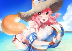 Rule 34 | 10s, 1girl, animal ears, bango0823, bikini, blue bikini, blush, breasts, cleavage, day, ears through headwear, fang, fate/extra, fate/grand order, fate (series), fox ears, fox tail, hat, highres, large breasts, long hair, looking at viewer, ocean, open mouth, outdoors, pink hair, see-through, solo, swimsuit, tail, tamamo (fate), tamamo no mae (fate/extra), tamamo no mae (swimsuit lancer) (fate), wet, wet clothes, yellow eyes
