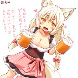 Rule 34 | 1girl, alcohol, animal ear fluff, animal ears, beer, beer mug, blush, breasts, cleavage, cup, dirndl, fang, fox ears, fox tail, german clothes, heart, kohaku (yua), looking at viewer, mug, oktoberfest, open mouth, original, simple background, solo, tail, translation request, twintails, twitter username, underbust, white background, white hair, yellow eyes, yua (checkmate)