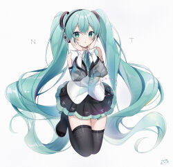Rule 34 | 1girl, absurdres, aqua bow, aqua bowtie, aqua eyes, black skirt, black thighhighs, bow, bowtie, commentary, detached sleeves, english text, grey sleeves, hands on own cheeks, hands on own face, hatsune miku, hatsune miku (nt), headset, highres, jumping, long hair, looking at viewer, noneon319, parted lips, pleated skirt, see-through, see-through sleeves, shirt, signature, simple background, skirt, solo, thighhighs, twintails, very long hair, vocaloid, wavy hair, white background, white shirt