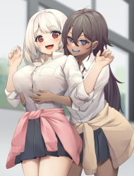 Rule 34 | 2girls, bad id, bad pixiv id, blue eyes, blurry, blush, grabbing another&#039;s breast, breasts, brown hair, collared shirt, dark-skinned female, dark skin, depth of field, grabbing, grey skirt, highres, kito koruta, large breasts, long hair, looking at viewer, medium breasts, multiple girls, open mouth, original, red eyes, shirt, short hair, short sleeves, skirt, smile, thighs, white hair, white shirt
