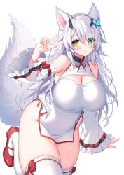 Rule 34 | 1girl, animal ears, asymmetrical horns, bare shoulders, blush, bow, breasts, butterfly hair ornament, cleavage, cleavage cutout, closed mouth, clothing cutout, commission, detached sleeves, dress, green eyes, hair ornament, hand up, heterochromia, highres, horns, large breasts, long hair, long sleeves, original, pixiv commission, red bow, red footwear, sacraneco, shoes, simple background, skindentation, sleeveless, sleeveless dress, smile, solo, tail, thick thighs, thighhighs, thighs, uneven horns, v, very long hair, white background, white dress, white hair, white sleeves, white thighhighs, wide sleeves, yellow eyes